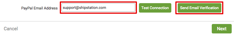 PayPal connection with email address field and Send Email Verification button highlighted.