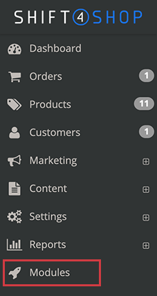 Shift4Shop sidemenu with Modules option highlighted.