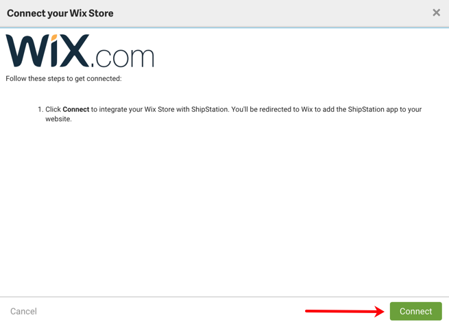 Wix store connection pop-up, arrow points to Connect button.