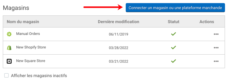 French language. Store Setup Settings, arrow points to Connect a Store or Marketplace button.