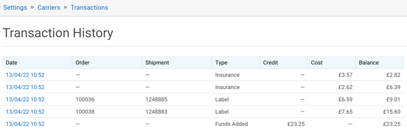Transaction History grid. Shows order date,Order #, Ship date, type, credit, cost, & balance.