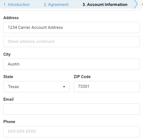 Carrier connection window with carrier account address entered in Account Information tab.