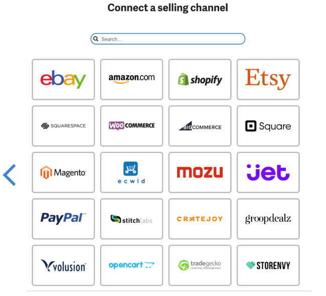 List of selling channel options available to connect to ShipStation.
