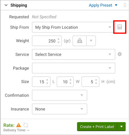 Configure Shipment Widget with rate calculator next to the Ship From drop-down highlighted.