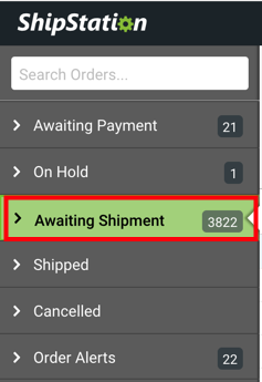V3 Orders tab left-hand sidebar, Order statuses. Red box highlights Awaiting Shipment status.