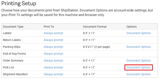 Printing Setup modal that shows the Document Options action selected for Pick Lists