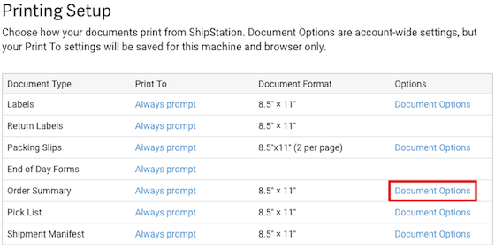 The Printing Setup modal shows the Document Options action marked for Order Summary.