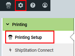Settings, Printing, Printing Settings path is highlighted in ShipStation.