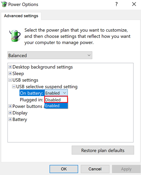 Windows Power Options Advanced Settings open with USB Select Suspend Setting On Battery set to Disabled.