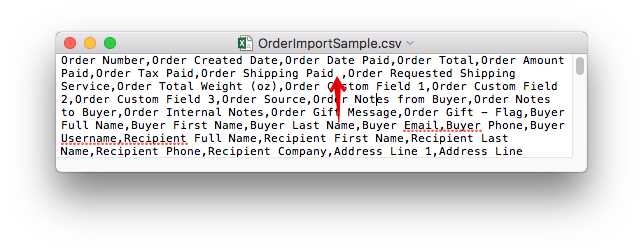 CSV file in a text editor window with arrow pointing to an extra space before a comma.