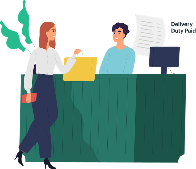 Illustration of woman at a retail checkout counter that says Delivery Duty Paid