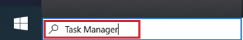 "Task Manager" text entered in Windows desktop search bar.