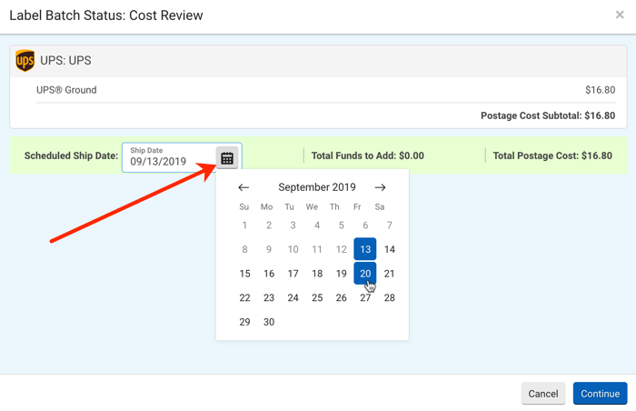 Cost review pop-up with arrow pointing to ship date calendar that allows you to change the ship date