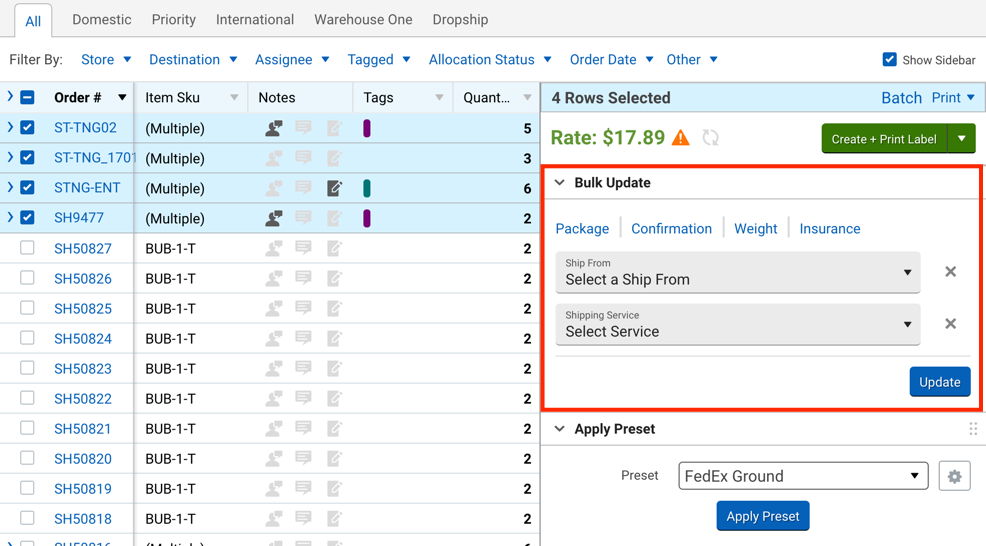 Box highlights the Bulk Update section in the Orders grid Shipping Sidebar