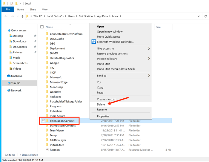 Windows file explorer open. Menu open for ShipStation Connect folder, with Delete option selected.