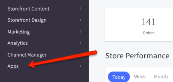 BigCommerce settings menu open with arrow pointing to Apps option.