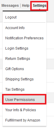 Amazon interface showing settings then user permissions