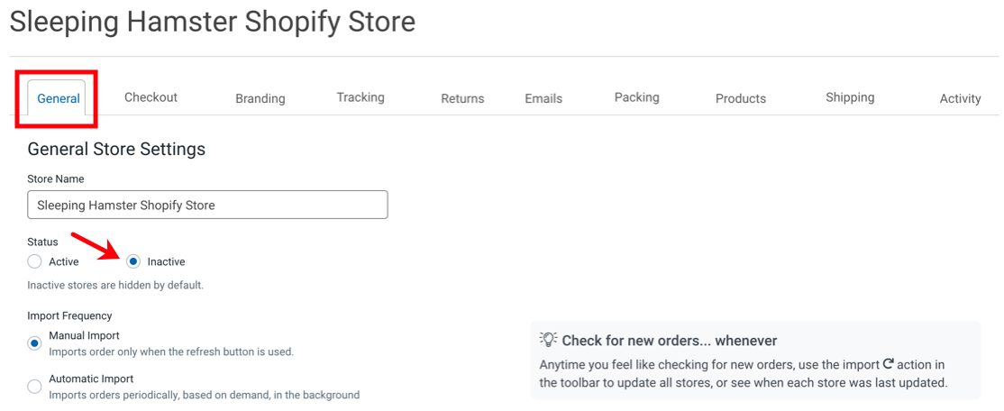 Store Setup page. Red box highlights General Store Settings tab. Arrow points to checkbox: Is Active?
