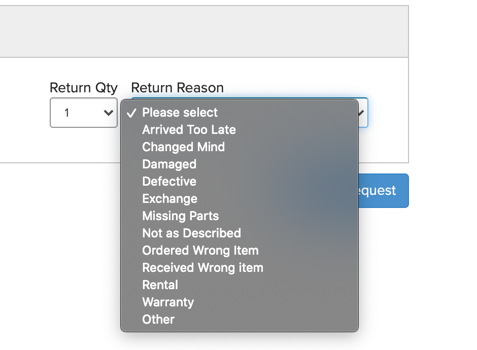 A drop-down listing reasons for product return.