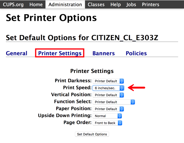 CUPS Administration menu with Printer Settings tab highlighted and arrow pointed to Print Speed.