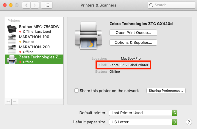 Zebra printer selected in Mac Printers and Scanners window. "Kind" field highlighted.