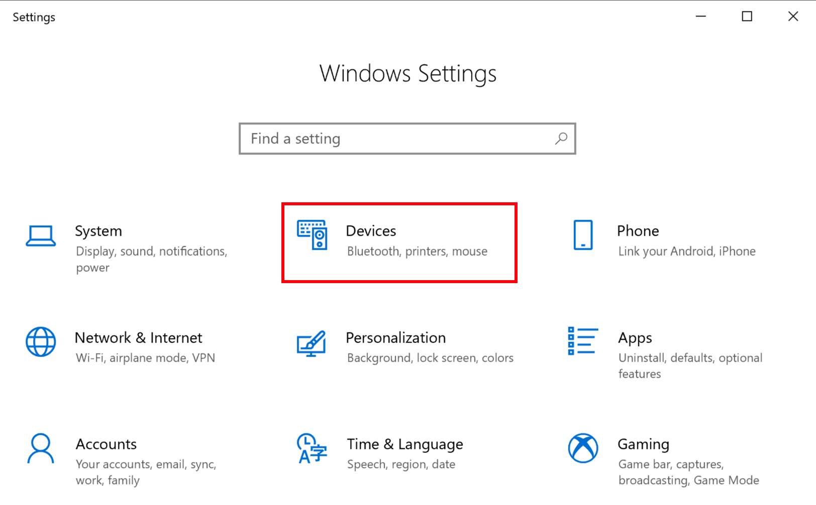 Windows Settings page open with Devices icon highlighted by red box.