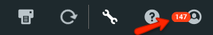 Gros-plan sur la barre d'outils, avec une flèche rouge pointant vers le nombre d'alertes (147) au niveau de l'icône du profil.