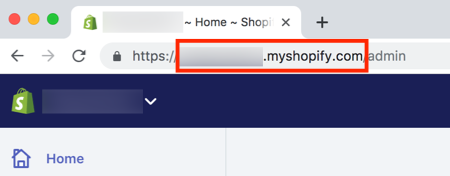 URL d'une boutique Shopify dans un navigateur avec myshopify.com encadré en rouge.