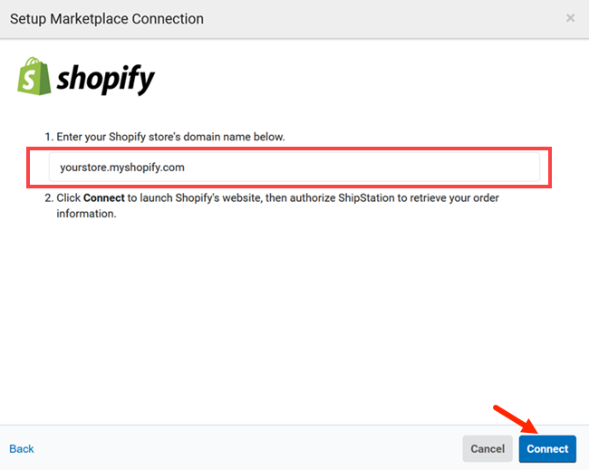 La fenêtre modale de Shopify est ouverte avec le champ de domaine encadré en rouge et une flèche qui pointe vers le bouton de connexion.