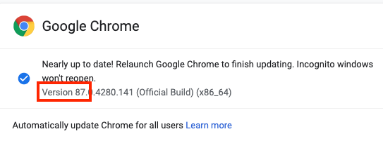Numéro de version encadré en rouge sur la page Google Chrome À propos de Chrome.