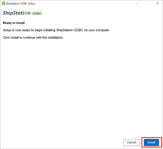 L'assistant d'installation ODBC est ouvert avec le bouton Installer encadré en rouge.
