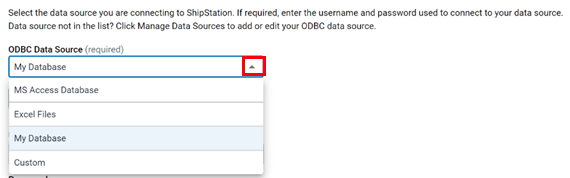 La liste déroulante de sélection de la source de données ODBC est développée et une source de données est sélectionnée dans la liste.