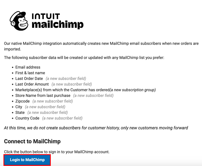 Page de connexion MailChimp avec le bouton « Se connecter à MailChimp » encadré en rouge.