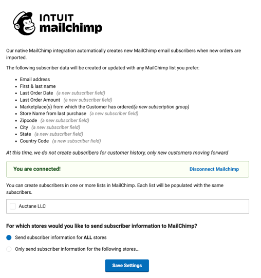 Sélection d'un compte MailChimp