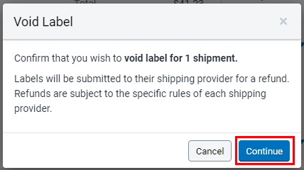 Cliquez sur le bouton Continuer pour confirmer que vous souhaitez annuler l'étiquette.