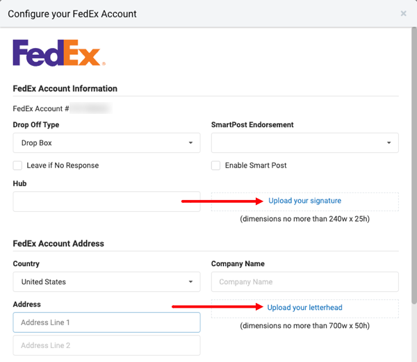 Fenêtre contextuelle des paramètres FedEx avec les options Importer la signature et Importer l'en-tête encadrées en rouge