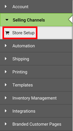 Sélections de la page des paramètres, avec l'option Configuration de la boutique dans Canaux de vente encadrée en rouge.