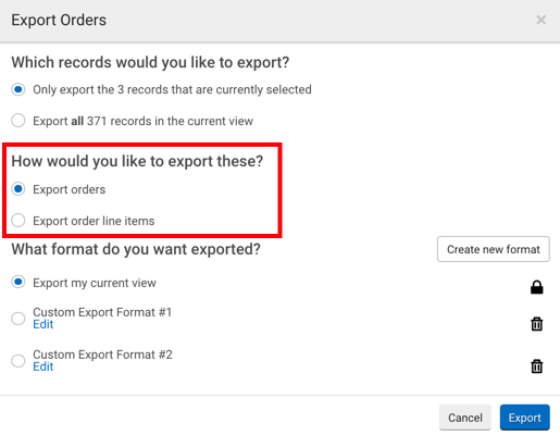 Fenêtre contextuelle d'exportation des commandes. Le bouton radio pour la question « Comment souhaitez-vous exporter ces éléments ? » est encadré en rouge.