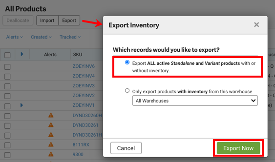 Fenêtre contextuelle Exporter des inventaires avec l'option Exporter tous les produits autonomes et variantes de produits actifs avec ou sans stock en surbrillance.