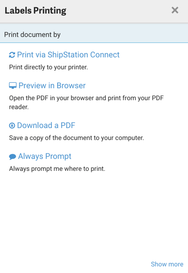 Pop-up d'impression, différentes options s'affichent : Imprimer avec ShipStation Connect, Prévisualisation dans le navigateur, Télécharger un PDF et Toujours demander.