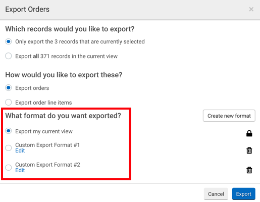 Fenêtre contextuelle d'exportation des commandes. Le bouton radio pour la question « Quel format souhaitez-vous exporter ? » est encadré en rouge.