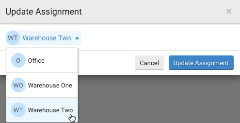 Lots : fenêtre contextuelle Mettre à jour l'affectation. Sélectionnez le menu déroulant Utilisateur avec l'option Entrepôt deux. Bouton Mettre à jour l'affectation à droite.