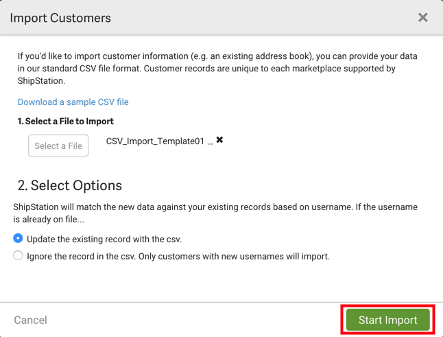 V3 Fenêtre contextuelle d'importation de clients avec le bouton Lancer l'importation encadré en rouge