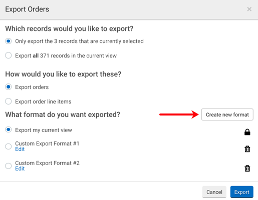 Fenêtre contextuelle d'exportation des commandes. La flèche rouge pointe vers le bouton Créer un nouveau format.