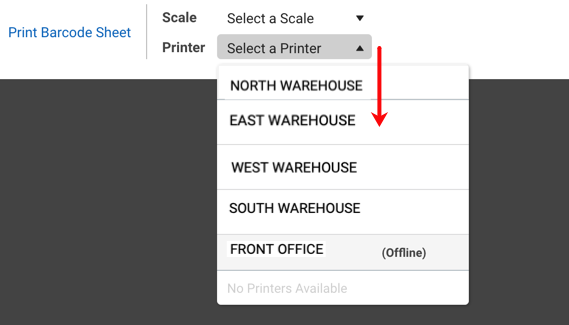 Onglet Scanner avec le menu Imprimer ouvert et une liste des imprimantes disponibles