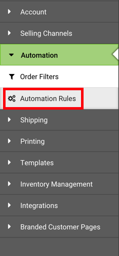 Barre latérale des paramètres : menu déroulant des automatisations. L'option Règles d'automatisation est encadrée en rouge.