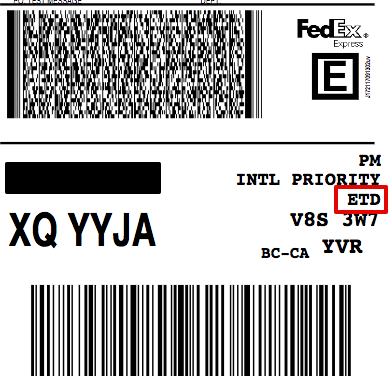La mention ETD est encadrée en rouge sur l'étiquette FedEx Ground pour le document commercial soumis par voie électronique.