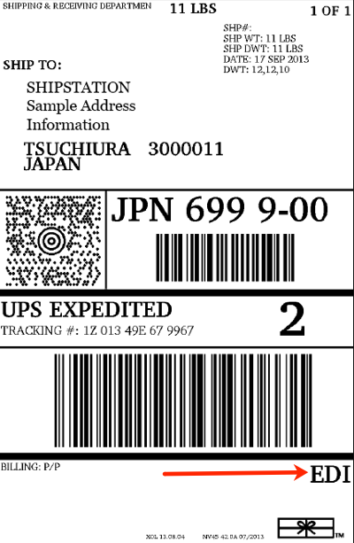 Exemple d'étiquette UPS avec la mention EDI affichée dans le coin inférieur