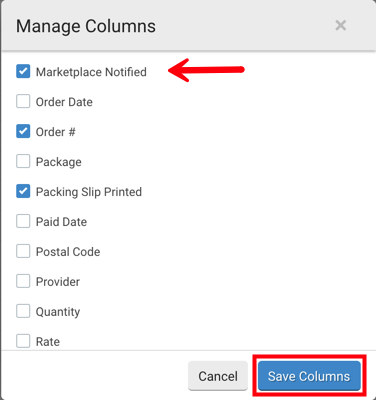 V3 La flèche du menu de gestion des colonnes pointe vers Plateforme marchande notifiée. Le bouton Enregistrer les colonnes est encadré en rouge.