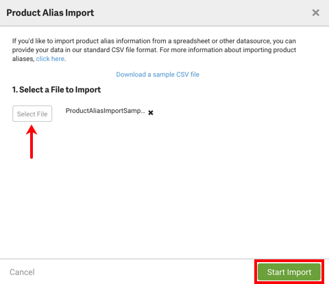 Fenêtre contextuelle Importation d'alias de produit. La flèche rouge pointe du bouton Sélectionner un fichier vers le fichier CSV téléchargé. Le bouton Lancer l'importation est encadré en rouge.